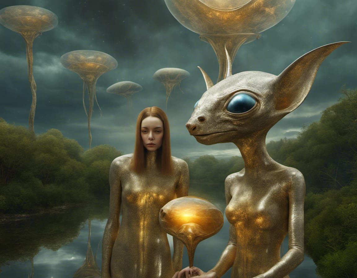 Surreal Alien People and Pets in Magical Landscape