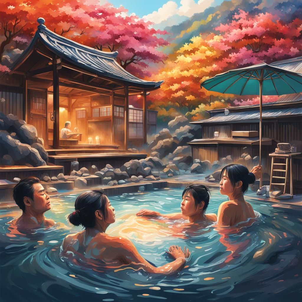 Japanese Onsen Spa with Relaxing People: Hyperrealistic Art