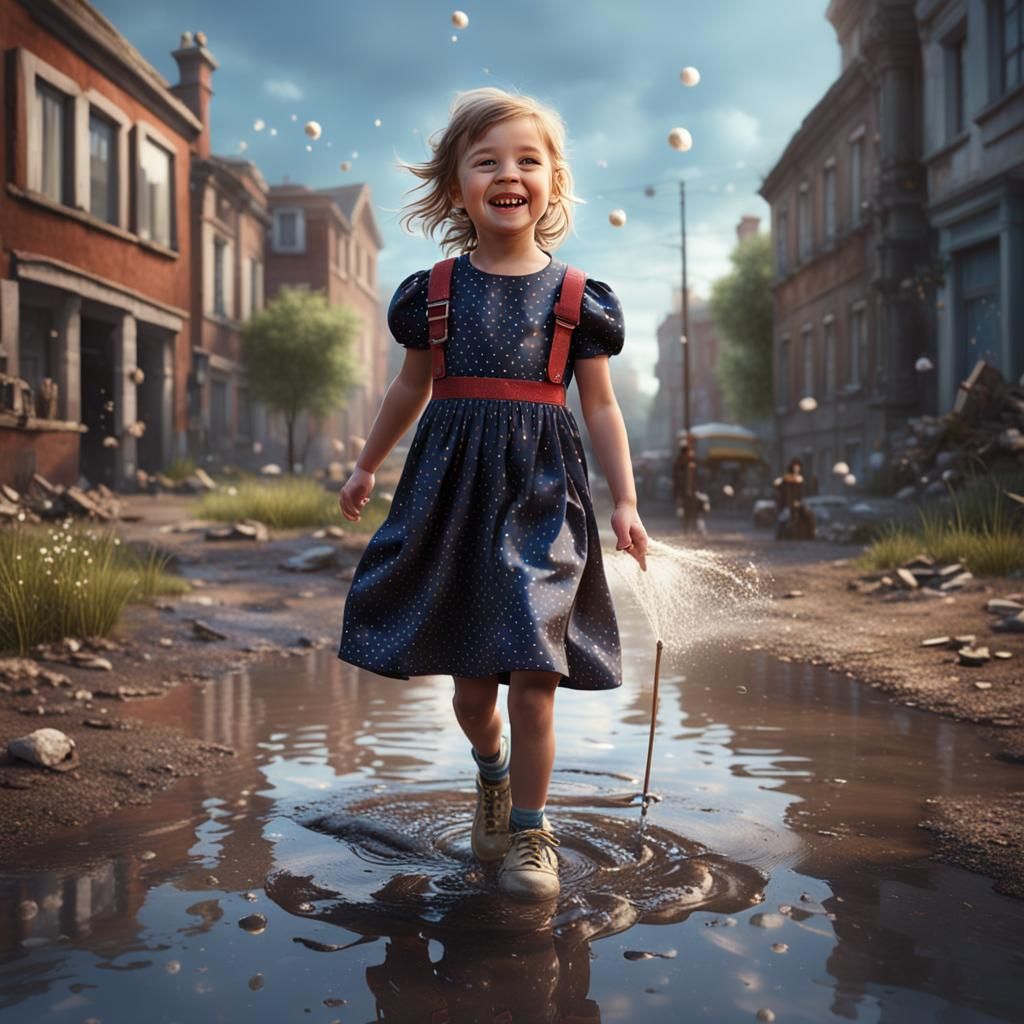 Girl in Polka Dot Dress Steps in Puddle