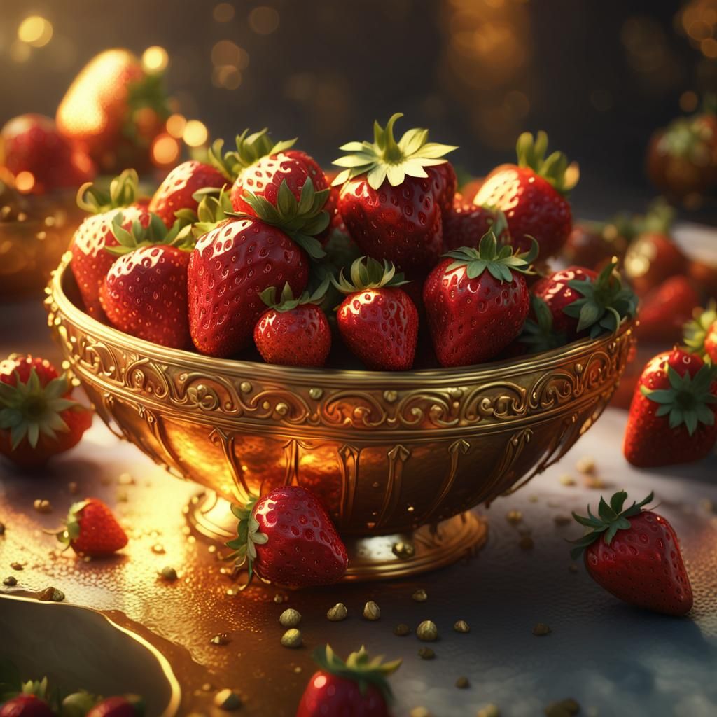 Luscious Strawberries in Gold Bowl: Fantasy Concept Art