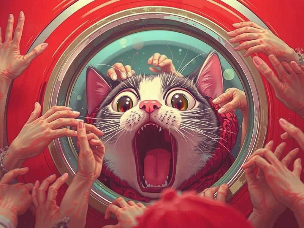 Terrified Cat at Window in Whimsical Style