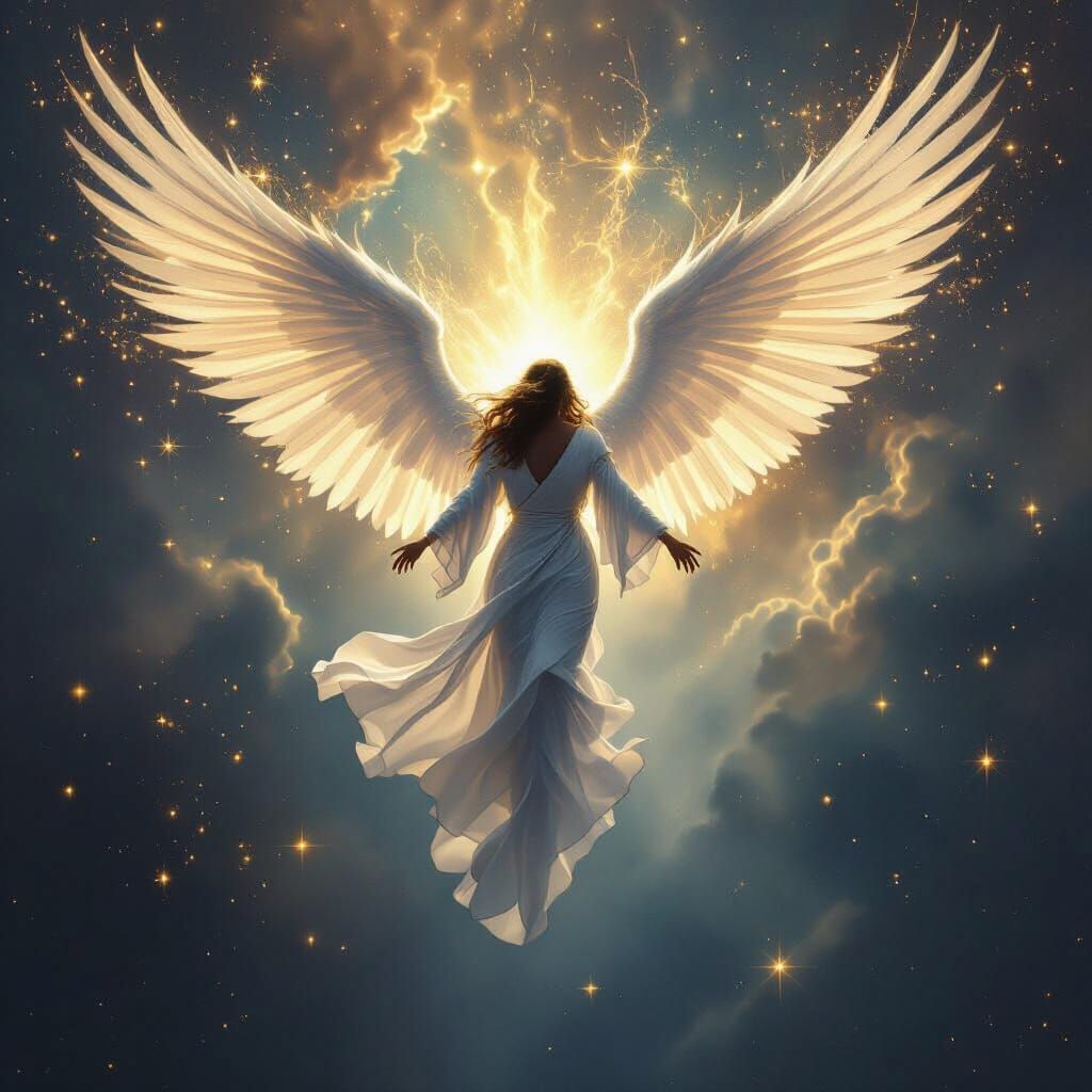 Angelic Figure Freefalling Through Cosmic Void