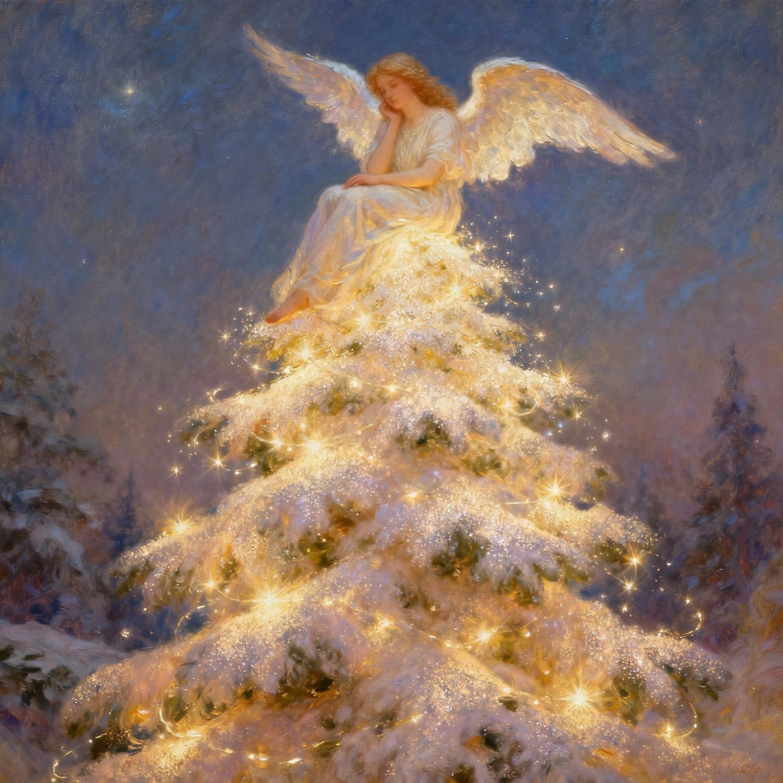 Celestial Angel on a Light Dust Christmas Tree in Painterly ...