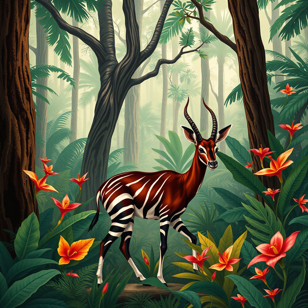 Okapi in Rainforest, Naturalistic Wildlife Illustration