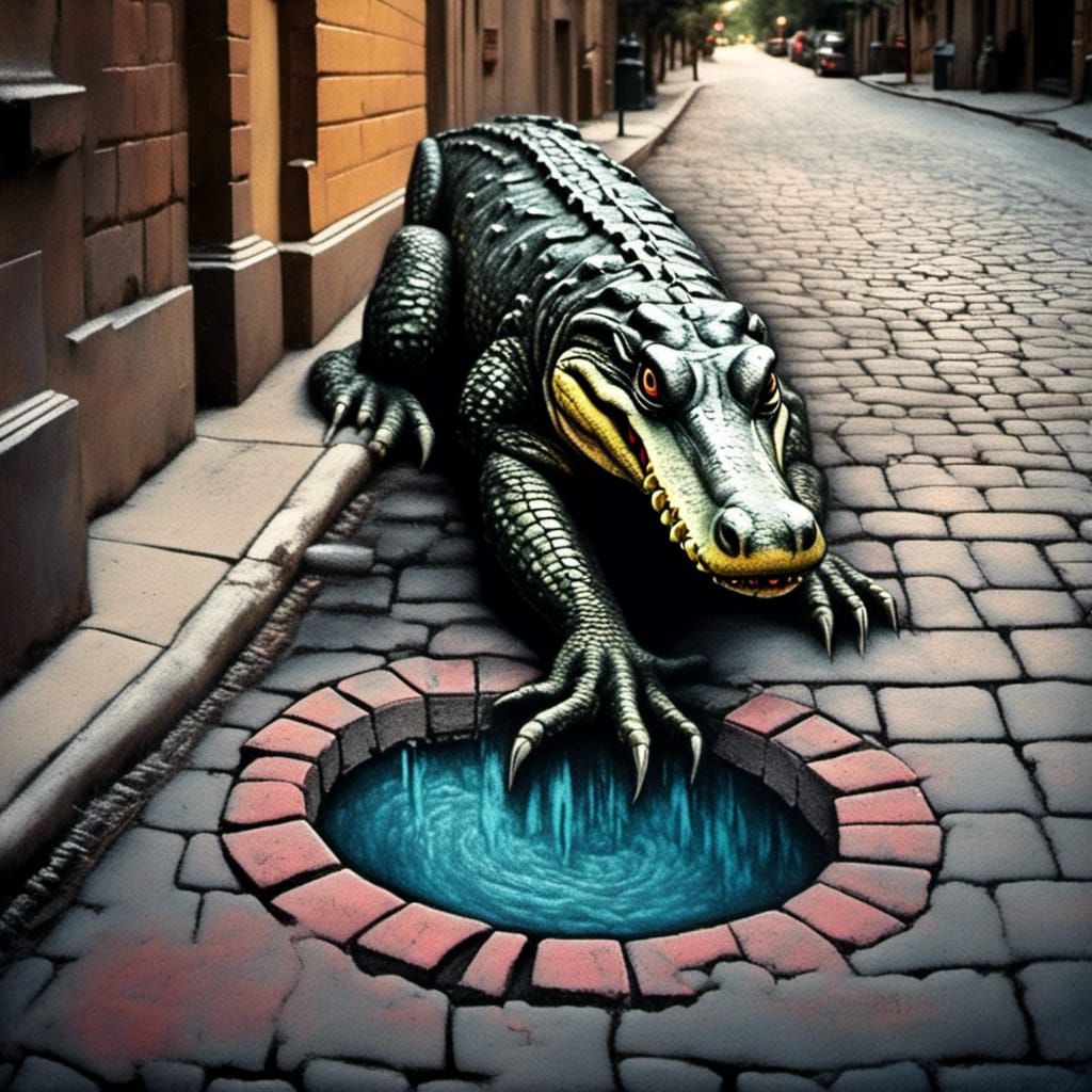 Alligator Chalk Art in Old City: Vintage Photo