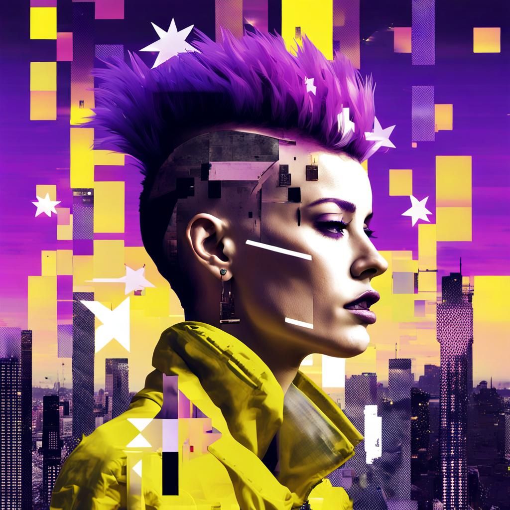 Androgynous Mohawk Woman in Glitchy Vaporwave Cityscape