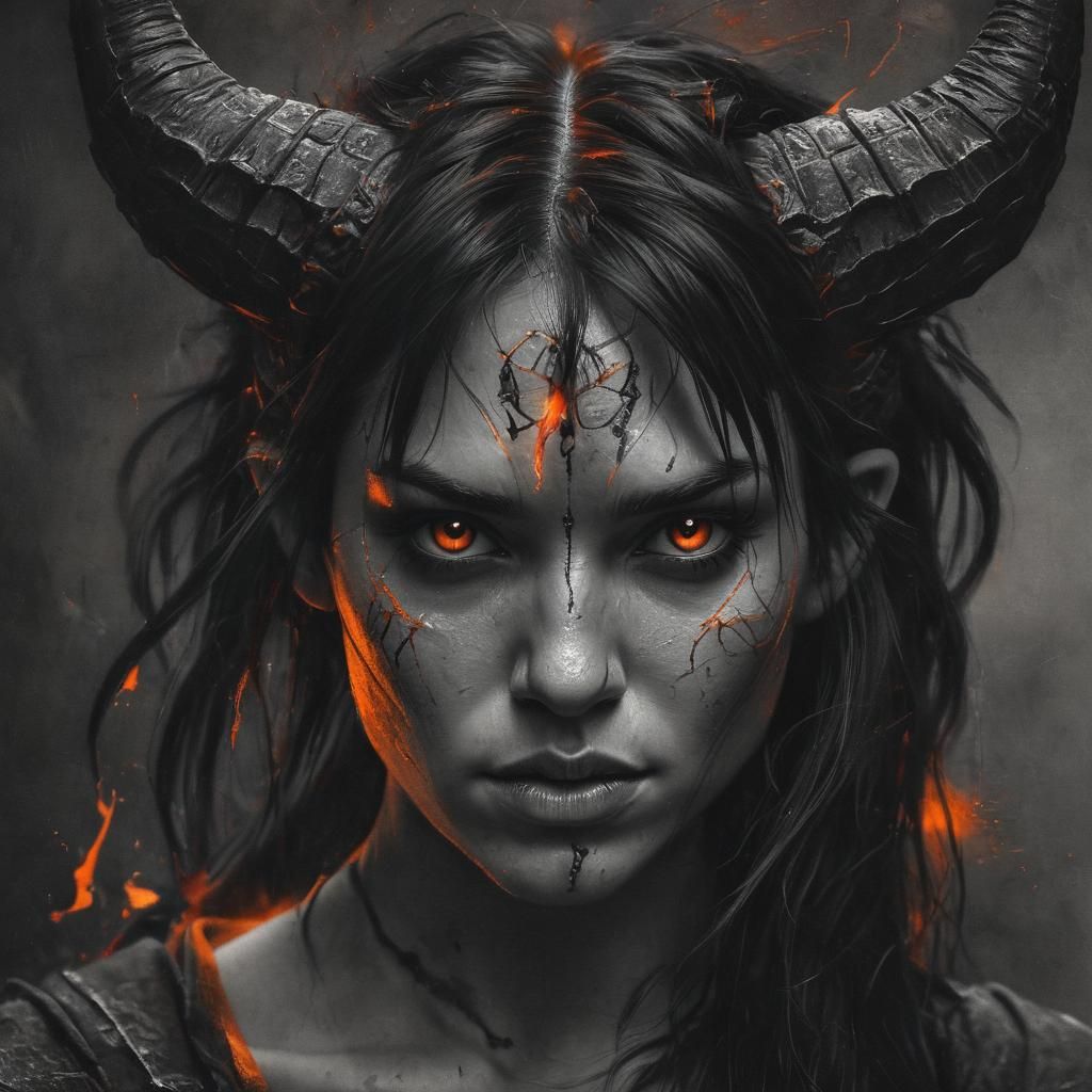Intense Female Tiefling Wizard in Charcoal Drawing