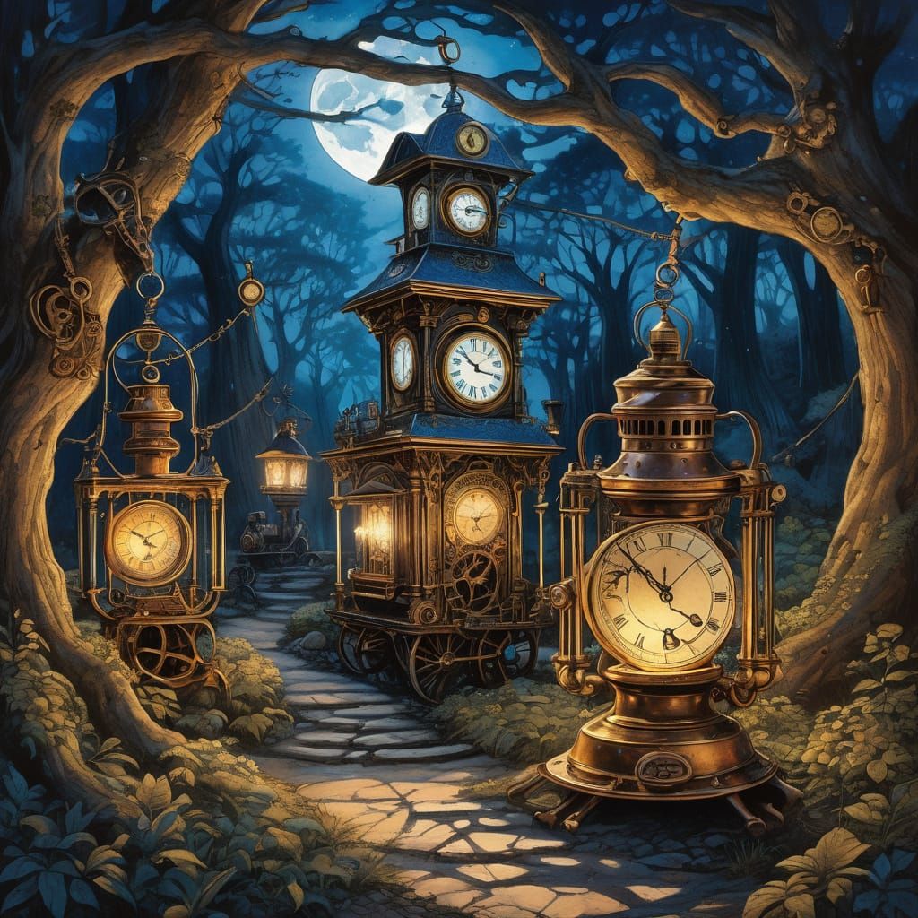 Steampunk Campsite Under Moonlit Skies