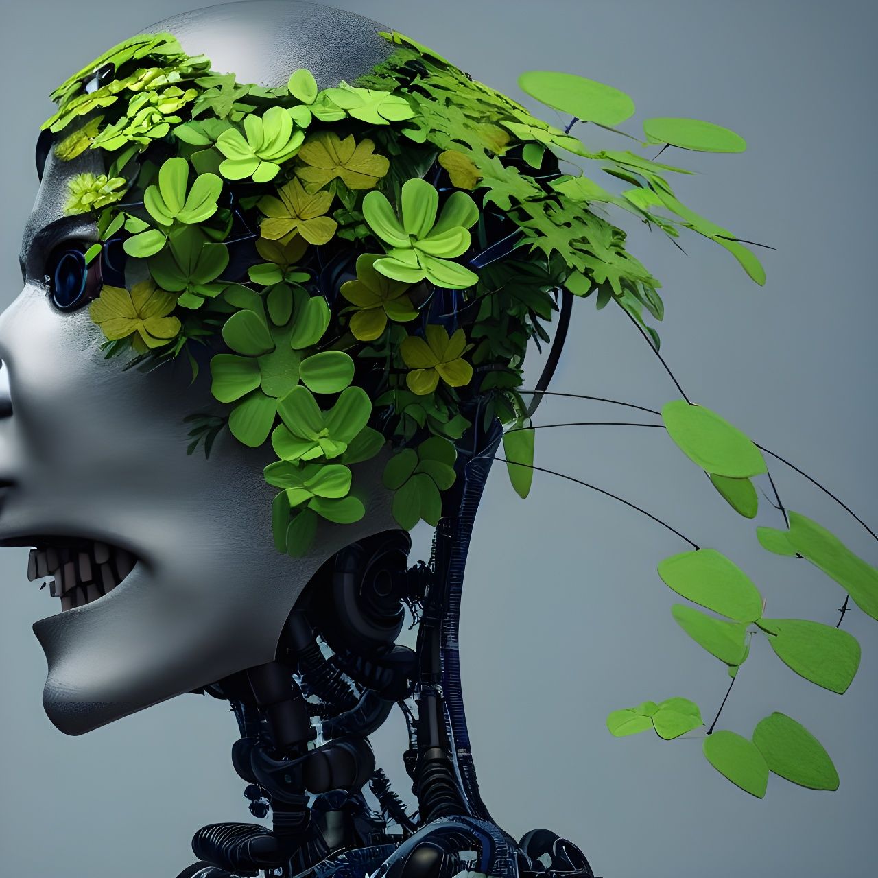 Robotic Head with Plants in Sci-Fi Style