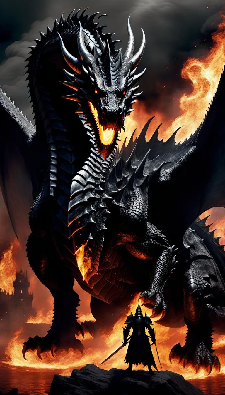 Colossal Black Dragon Confronts Knight in Hellfire