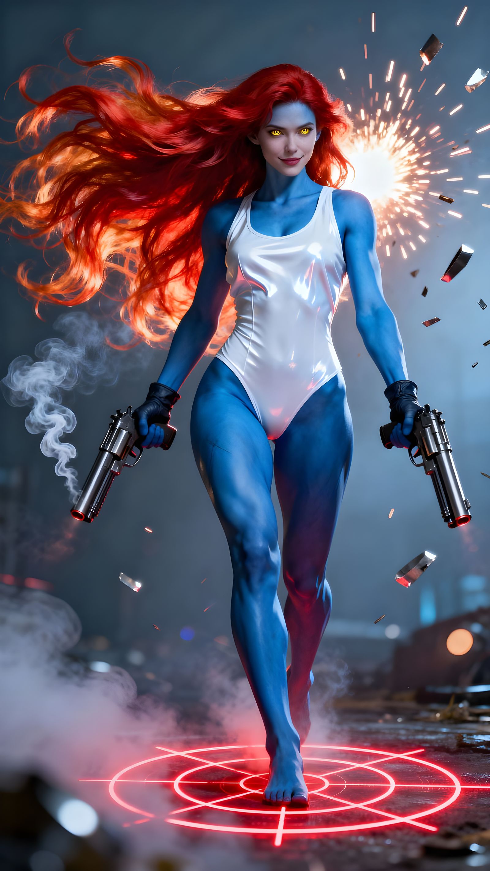 Blue Skinned Woman Freezing Time in Cinematic Masterpiece