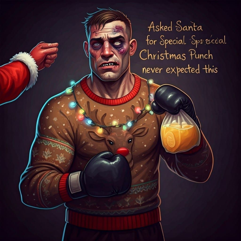 Boxer in Festive Christmas Sweater Holds Eggnog Punch with D...