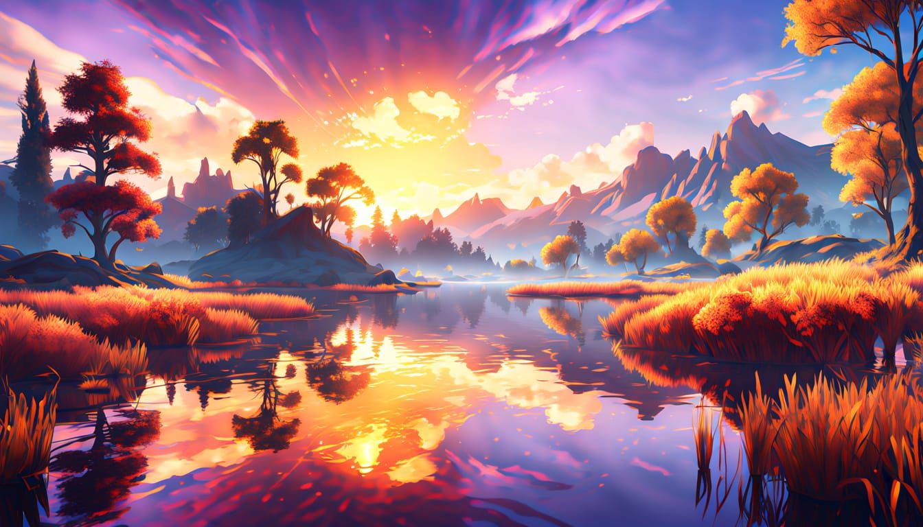 Serene Autumn Lake at Sunset in Vibrant Oil Painting Style
