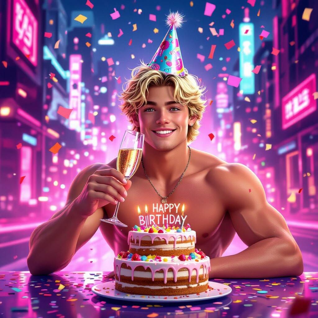 Muscular Surfer Boy Celebrates Birthday in Futuristic Citysc...