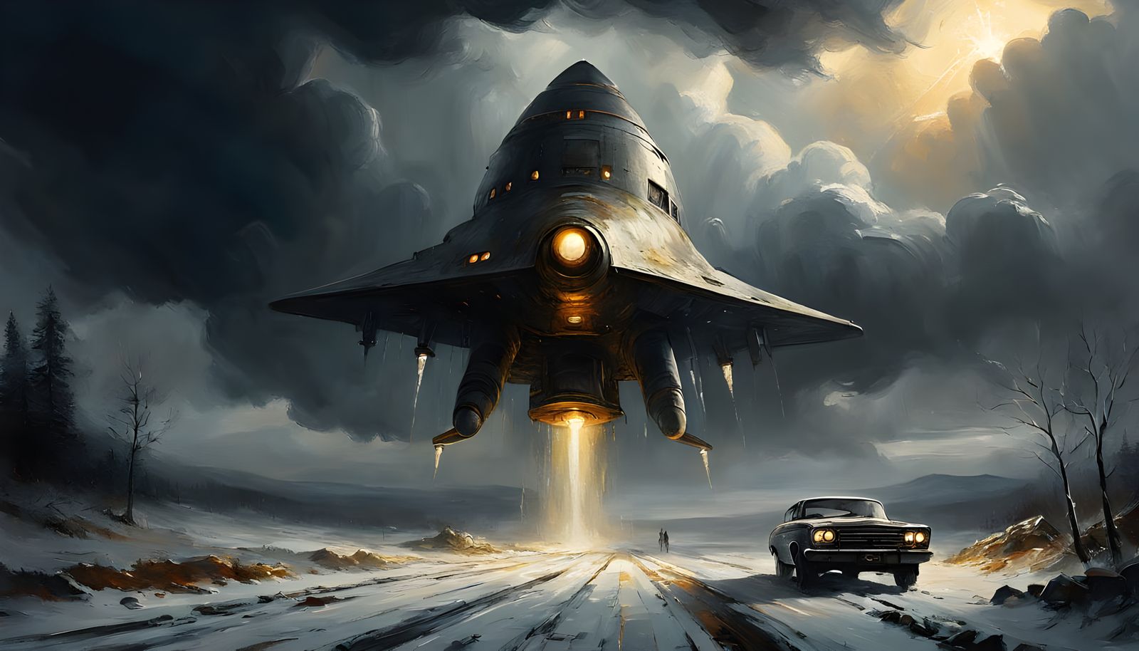 Ominous Spaceship Emerges Over Winter Landscape