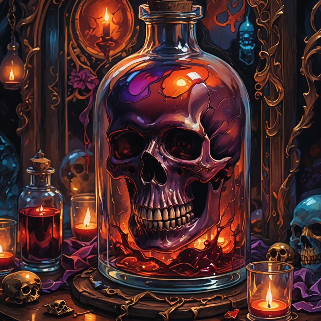 Bloody Skull in Glass Bottle: Fantasy Art Nouveau