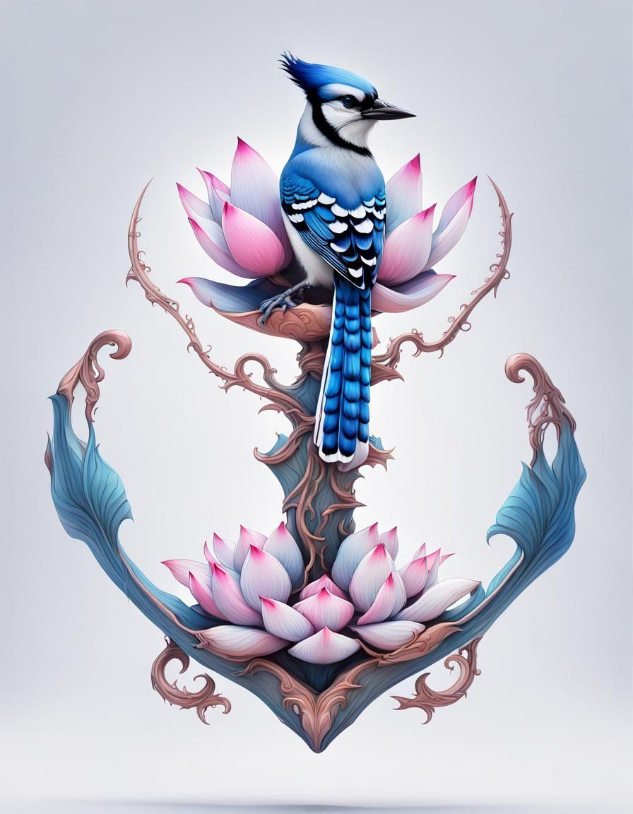 Blue Jay Emerges from Lotus Anchor: Surreal Fantasy