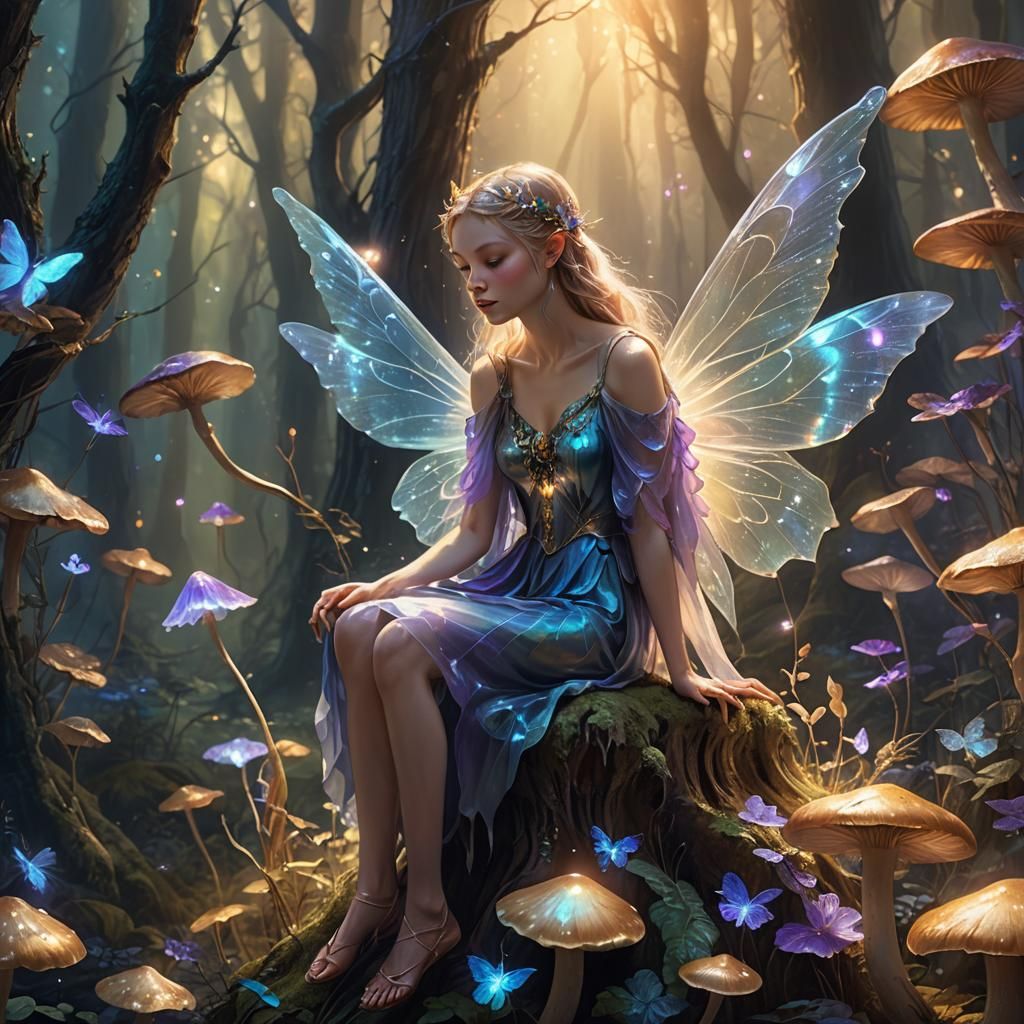 Glowing Fairy on Mushroom in Fantasy Forest