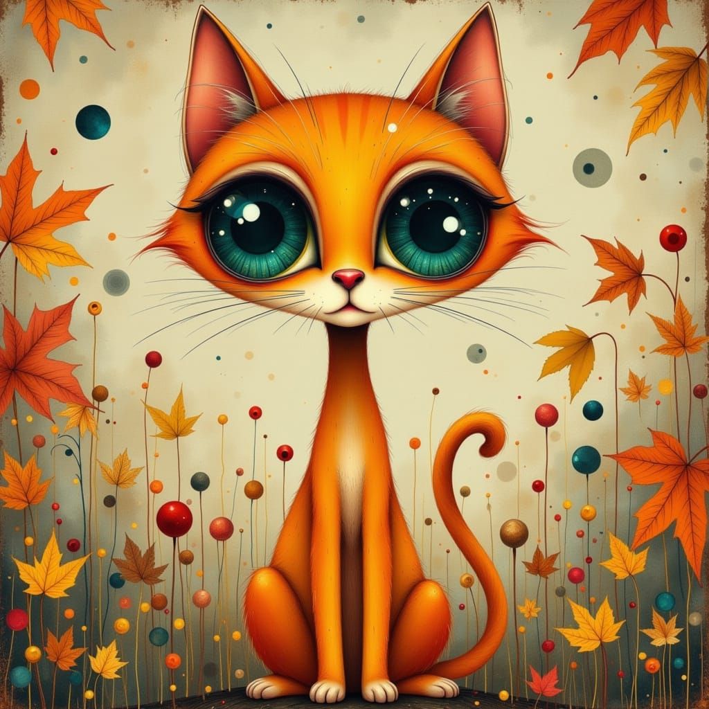 Whimsical Orange Cat with Cosmic Eyes in Autumn Scene