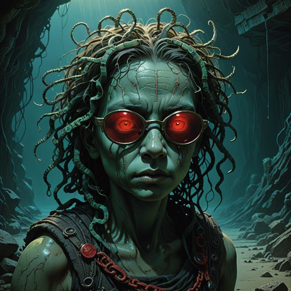 Spanning the bottom of the canvas, extremely colossal Text that says CREEPY in a 3d bold squiggly wavy watery horror fan...