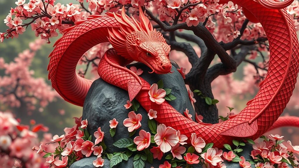 Majestic Crimson Serpent Adorns a Vibrant Floral Boulder