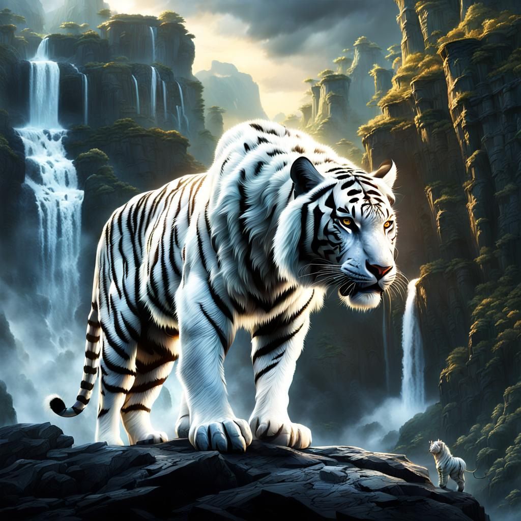 Winged White Saber-Tooth Tiger on Black Rock