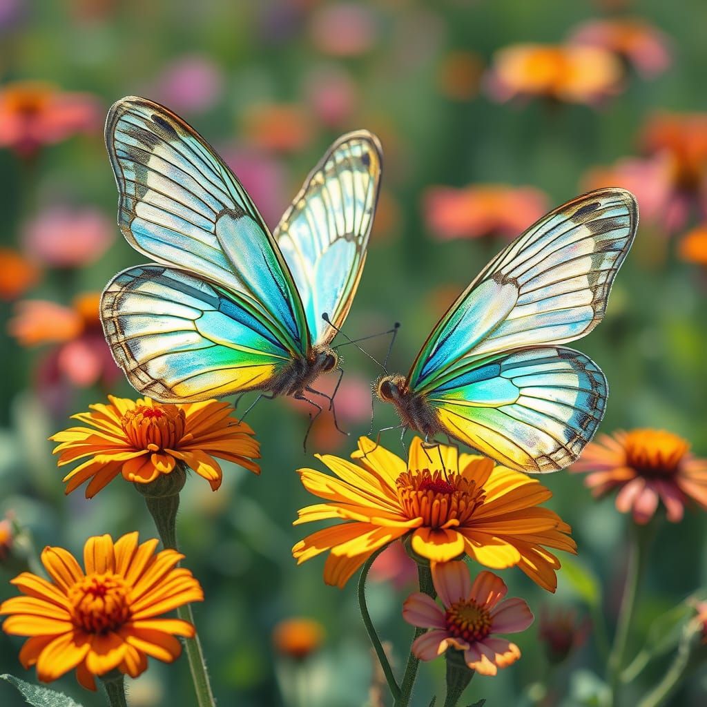 Iridescent Butterflies on Wildflowers in Art Nouveau
