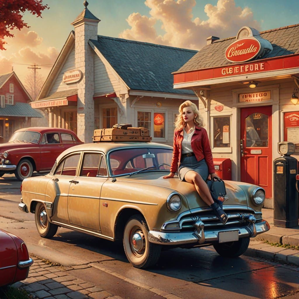 Vintage Pinup Girl at Gas Station in Kinkade Style