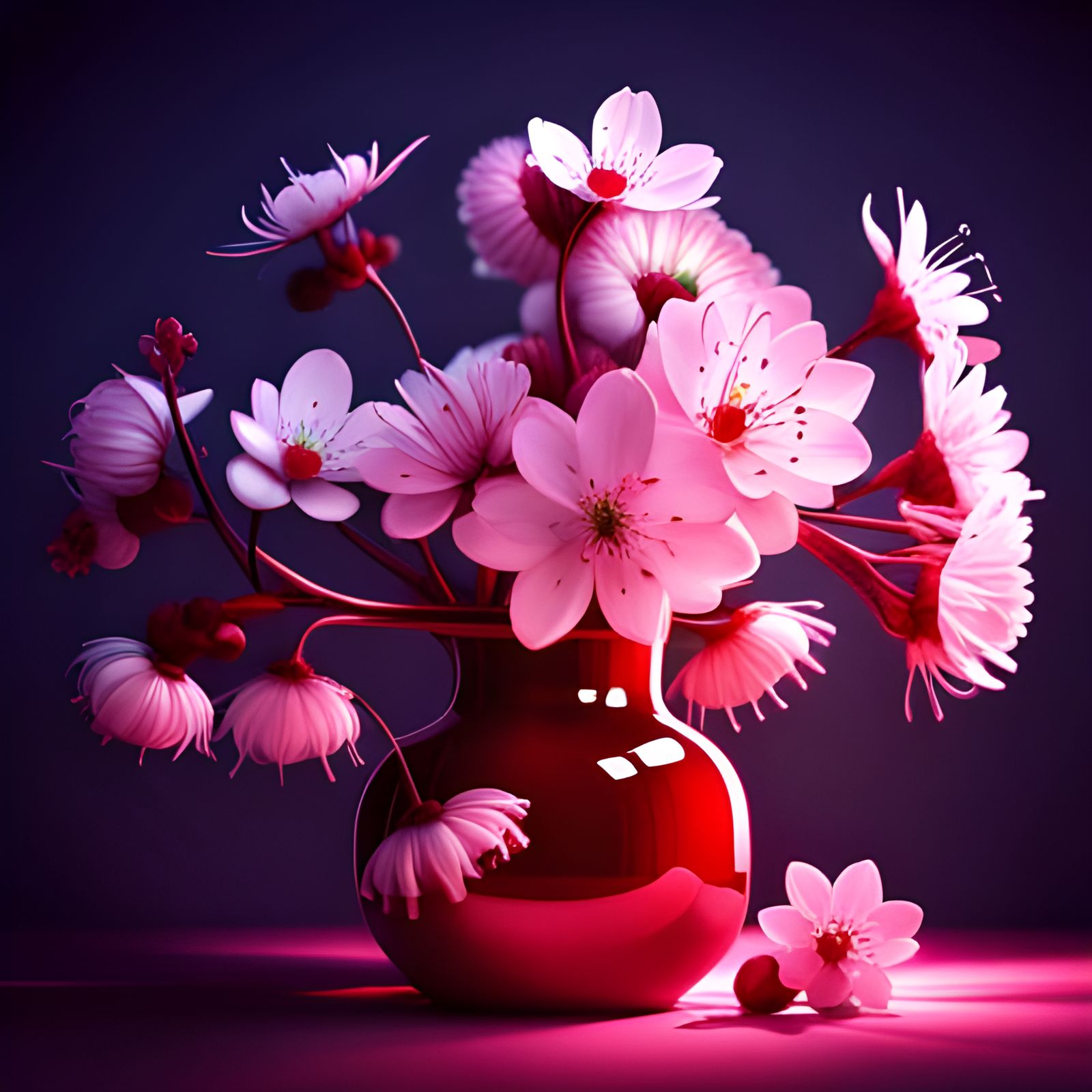 Cherry Blossom Bouquet in Red Vase, Neon Concept Art