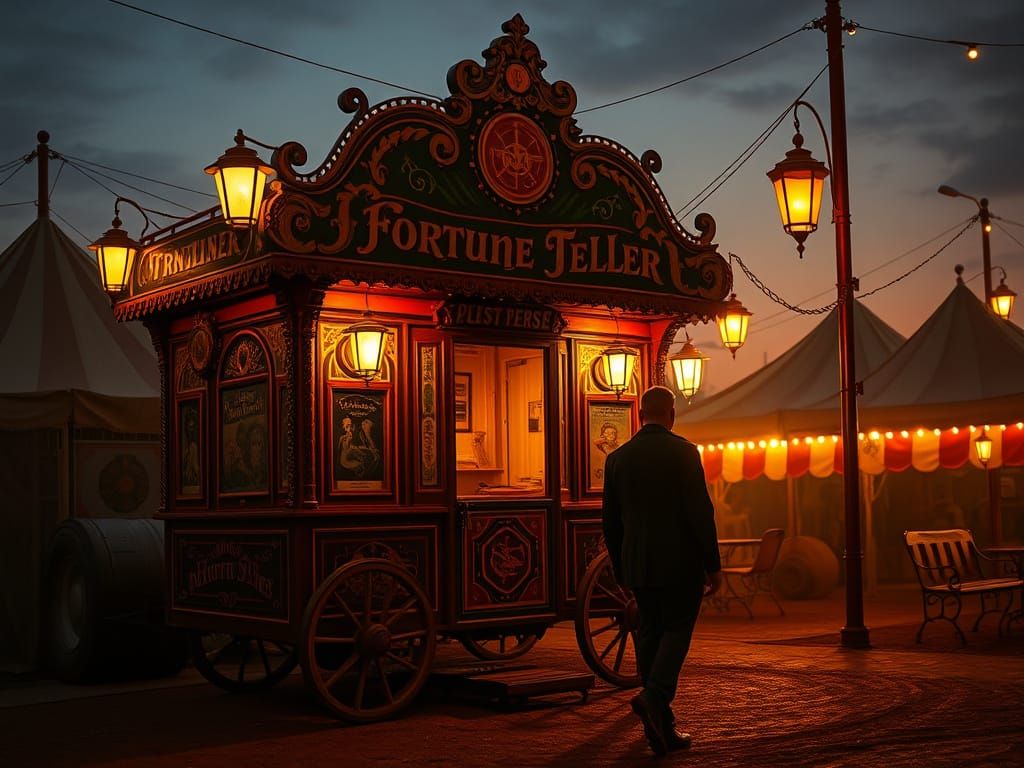 Mysterious Fortune Teller's Wagon in Vintage Carnival Settin...