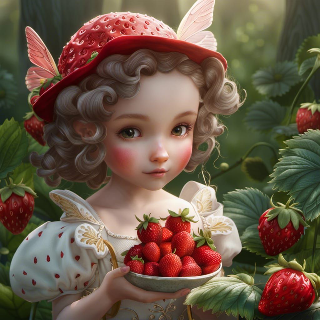 Strawberry Fairy Eating Fruit: Hyperrealistic Digital Art