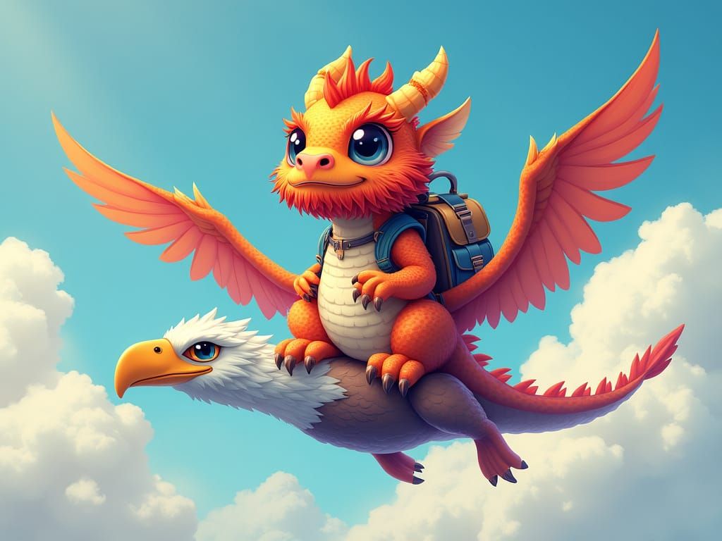 Chibi Bearded Dragon Rides Flying Eagle in Realistic Style