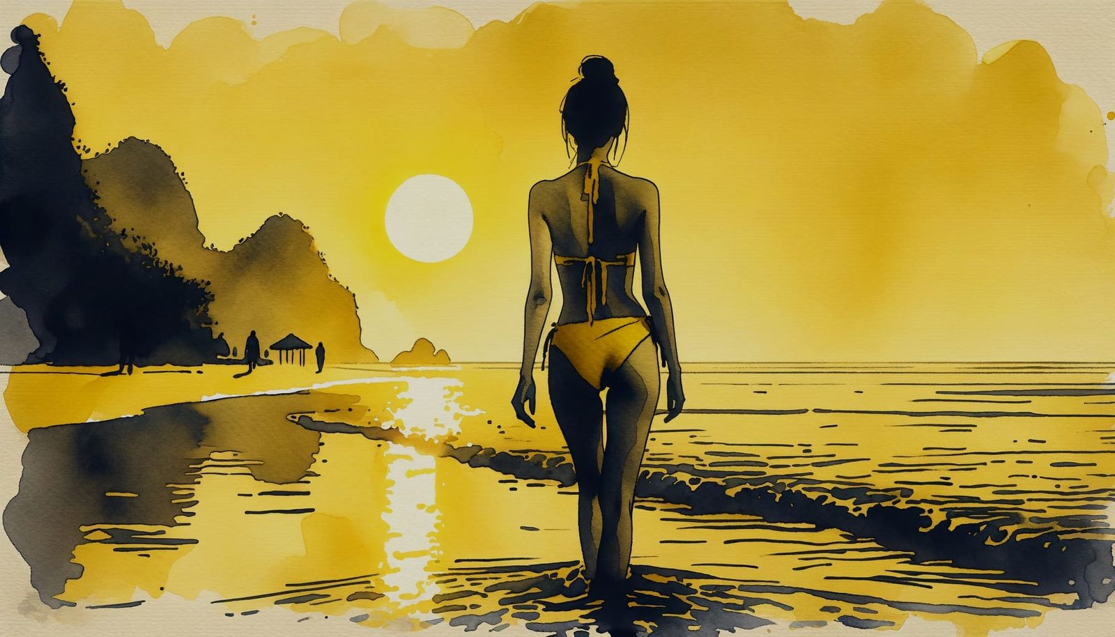 Japandi Style Sunrise Watercolour: Woman Walks to Ocean
