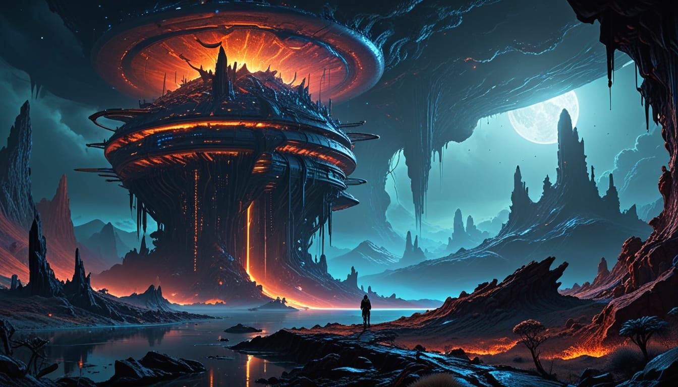 Alien Explorer Gazes at Colossal Structure in Ethereal Digit...