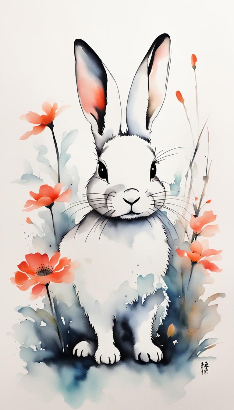 Minimalist Chinese Ink Painting of a White Rabbit