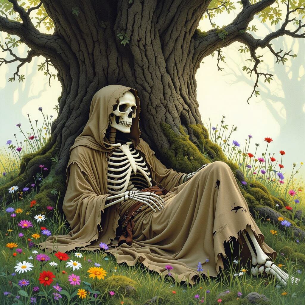 Ethereal Skeleton in Mystical Forest Scene