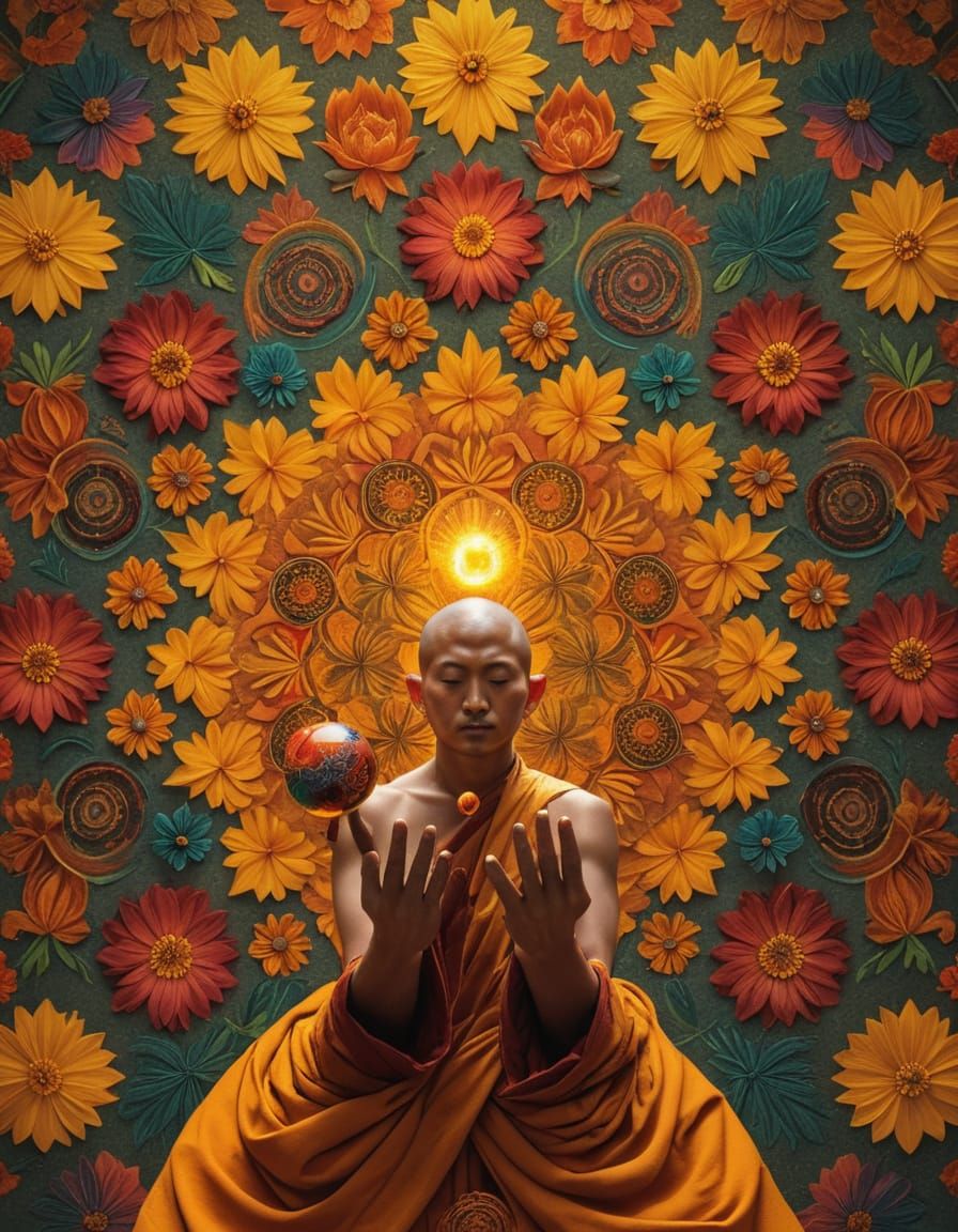 Surreal Buddhist Monk Reveals Glowing Mandala in Soft Golden...