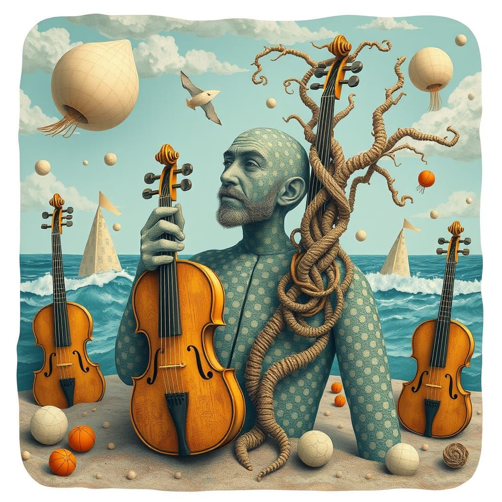 Surreal Polka Dot Man in Ocean Setting