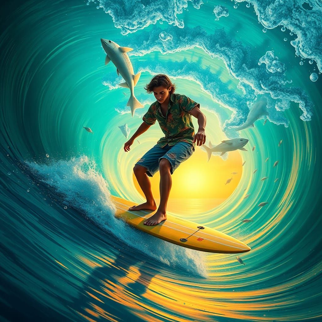 Young American Surfer Defies Gravity in Vibrant, Turquoise W...