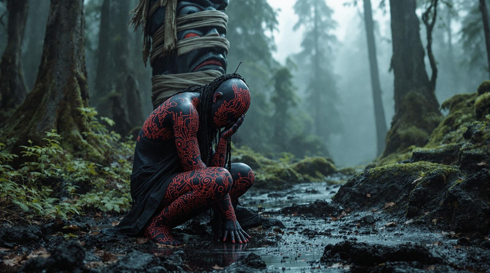 Mythic Seer in Rain-Soaked Forest with Formline Carvings