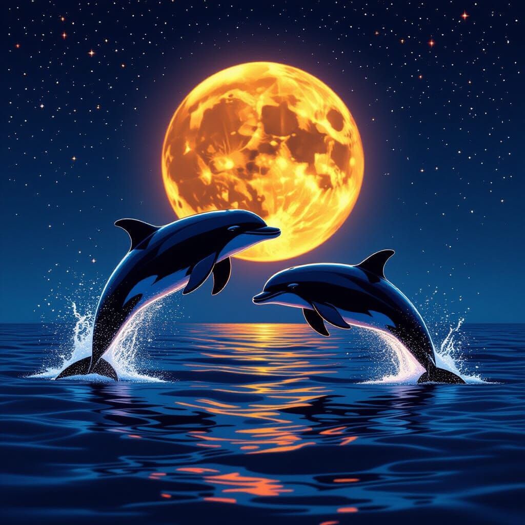 Futuristic Neon Dolphins Leaping Under Starry Moon