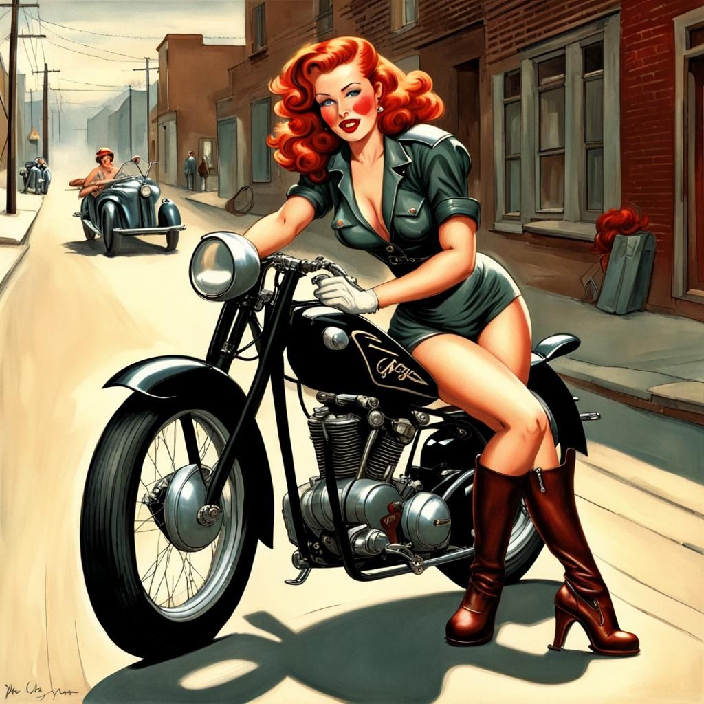 1940s Pin-Up Girl on Motorcycle in Hyperrealistic Style