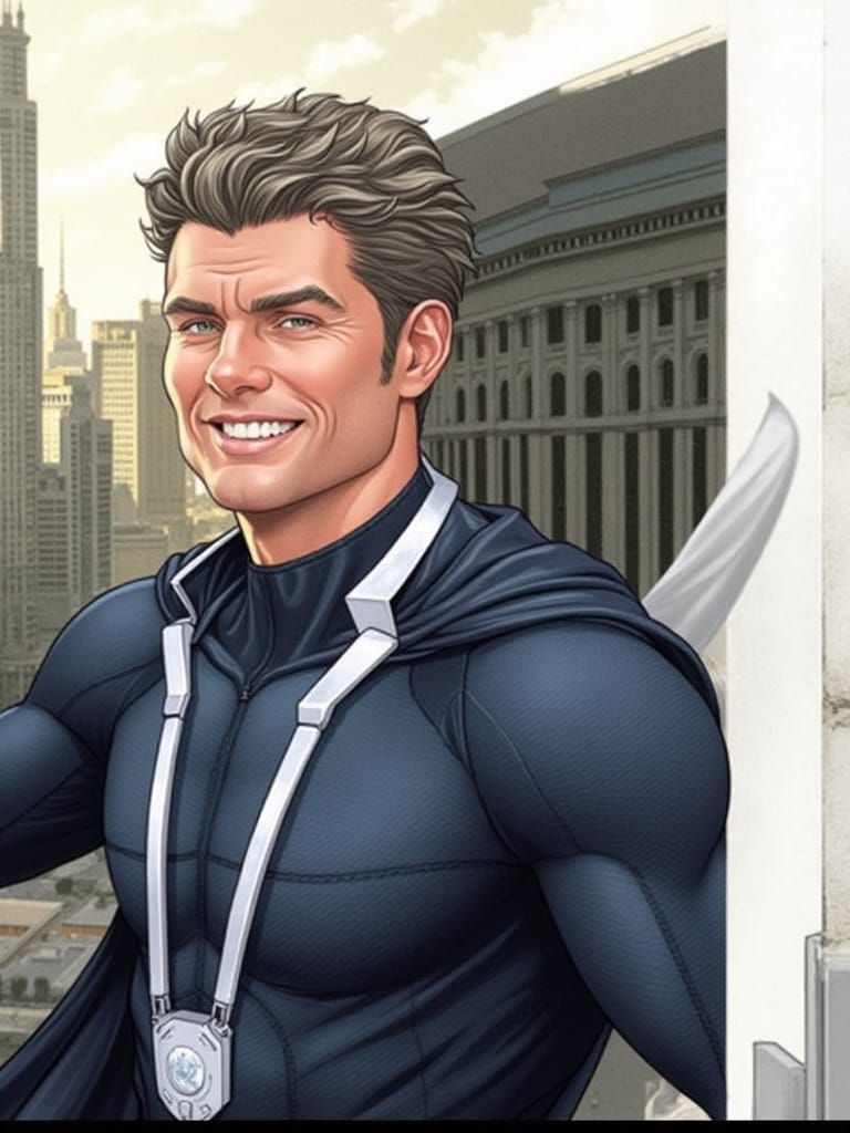 Dynamic Superhero in Sleek Costume Against Cityscape