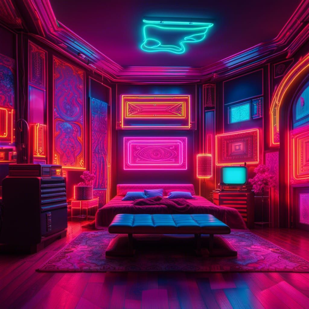 Hyperrealistic 1970s Neon Room in HDR