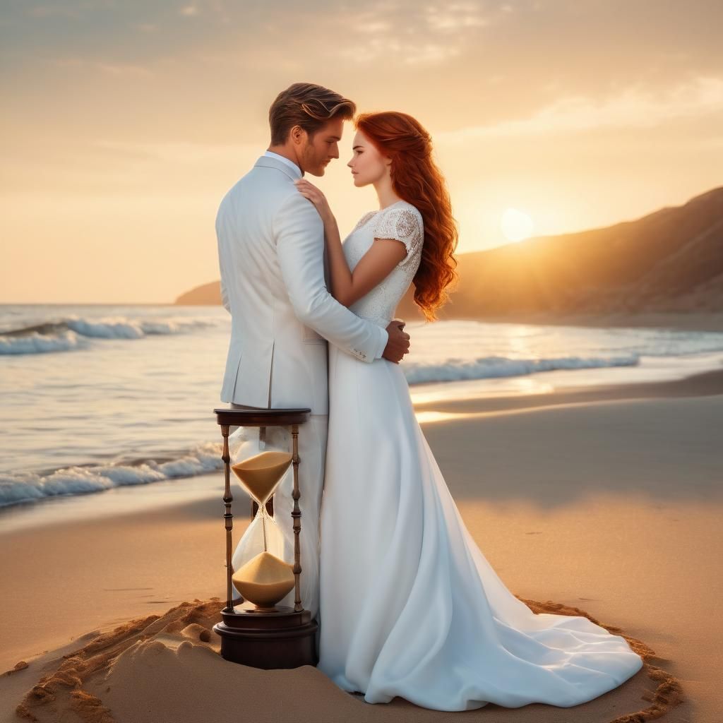 Romantic Seascape: Lovers in Hourglass at Sunset