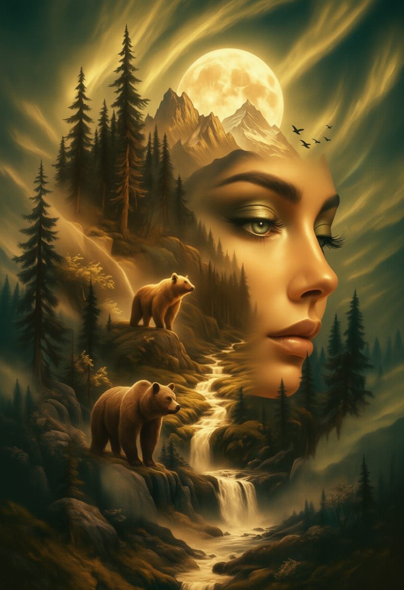 Ethereal Nature Goddess with Bear and Mountain Landscape