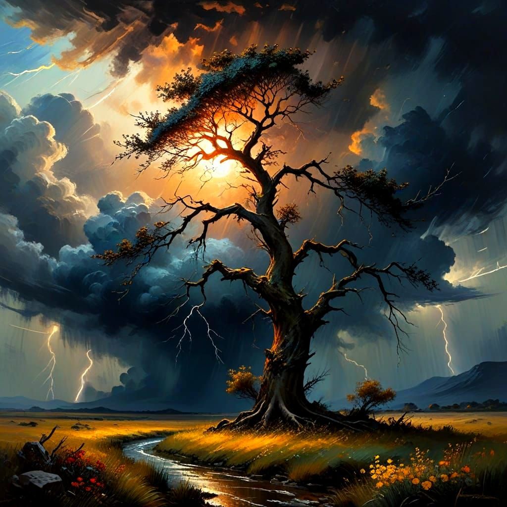 Ancient Tree Braving Tempest in Oil Painting