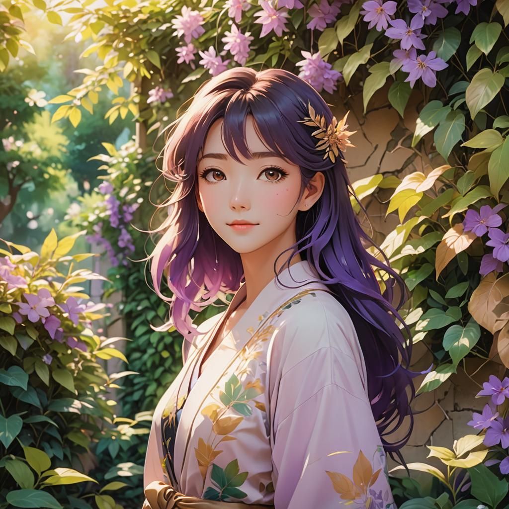 Anime Woman in Garden with Cel-Shaded Style