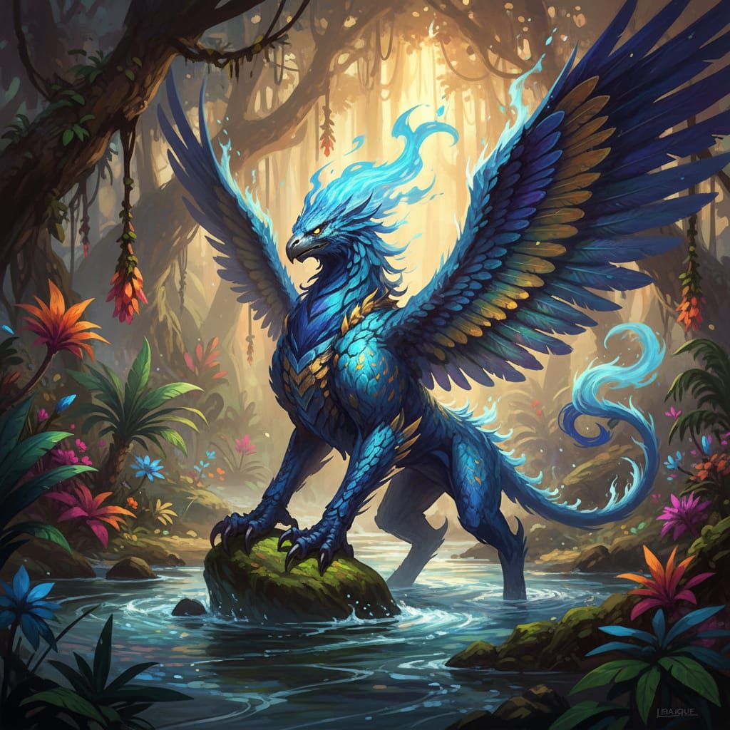 Blue Fire Griffin in Lush Tropical Riverbed