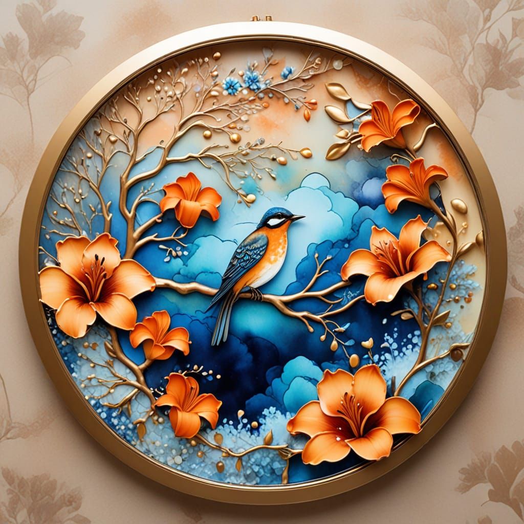 Alcohol Ink Art of Floral Clouds and Bird in Gold Frame